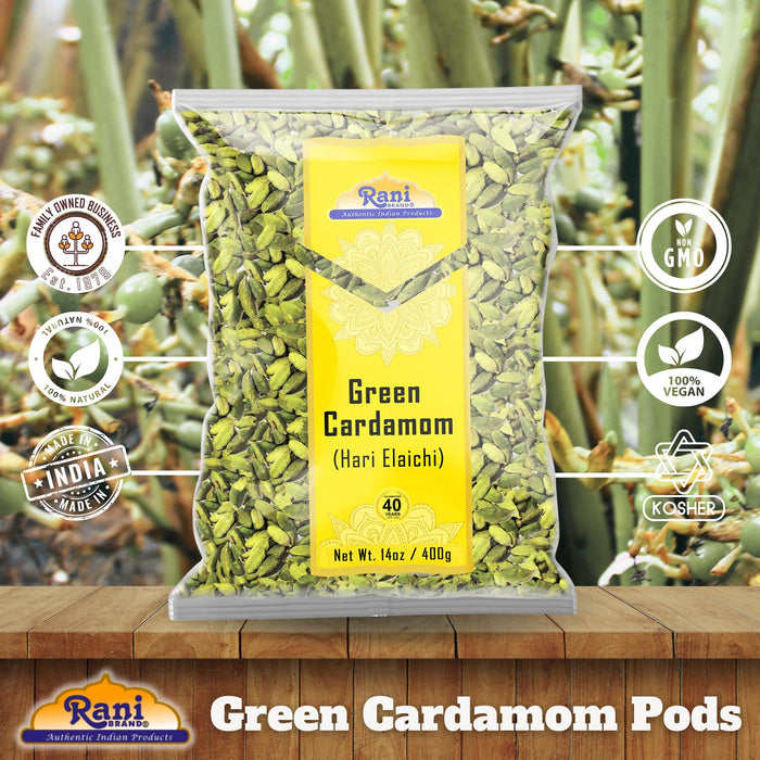 Rani Green Cardamom Pods Spice (Hari Elachi) 14oz (400g) ~ All Natural | Vegan | Gluten Friendly | NON-GMO | Kosher | Product of India