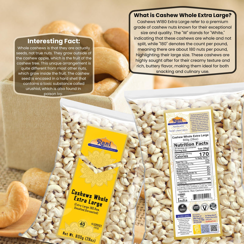 Rani Raw Cashews Whole W180 Extra Large (uncooked, unsalted) 28oz (800g) ~ All Natural, No Preservatives | Vegan | NON-GMO | Kosher | Gluten Friendly
