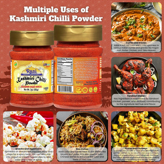 Rani Kashmiri Chilli Powder (Deggi Mirch, Low Heat) Ground Indian Spice 3oz (85g) PET Jar ~ All Natural | Salt-Free | Vegan | Kosher | Gluten Friendly | Perfect for Deviled Eggs & Other Low Heat Dishes