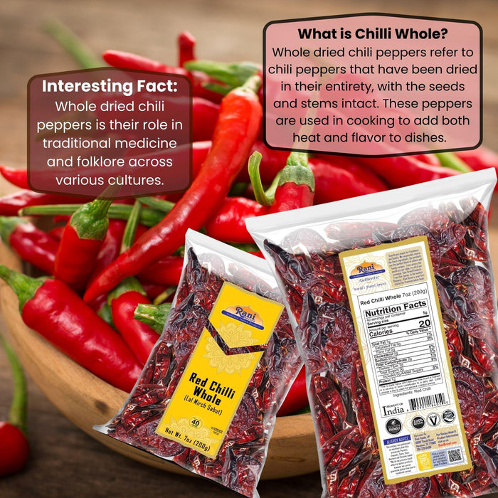 Rani Chilli Whole Indian 7oz (200gm) ~ All Natural | Vegan | No Colors | Gluten Friendly | NON-GMO | Kosher