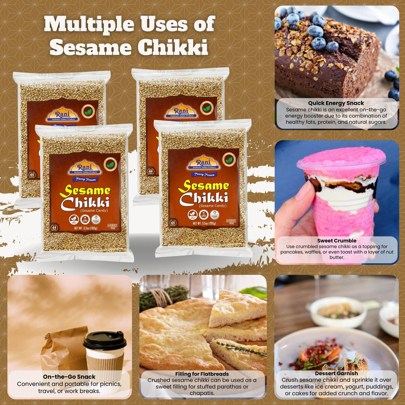 Rani Sesame Chikki (Brittle Candy) 100g (3.5oz) x Pack of 4 ~ All Natural | Vegan | Kosher | No colors | Gluten Friendly  | Indian Origin
