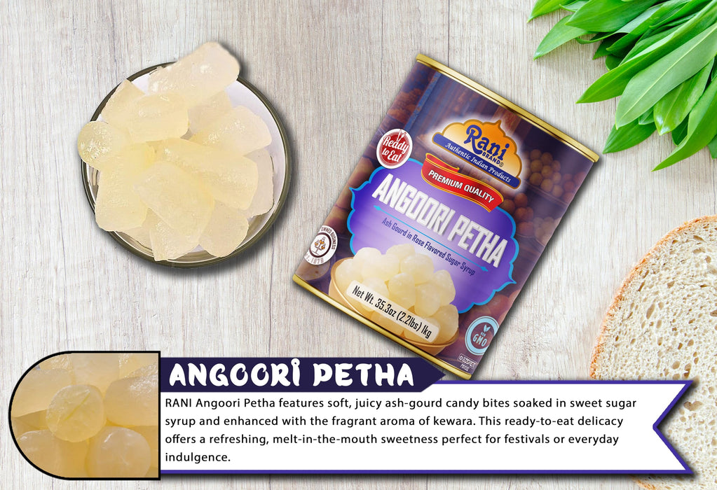 Rani Angoori Petha (Ash Gourd In Rose Flavored Sugar Syrup) 35.3oz (2.2lbs) 1kg, Approximately 14 pieces, Easy Open Lid ~ Ready to eat | Gluten Free | Non-GMO | Kosher | Indian Origin