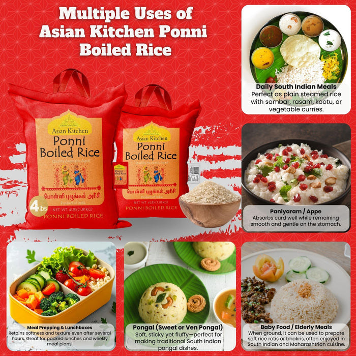 Asian Kitchen Ponni Boiled Rice 4-Pound Bag, 4lbs (1.81kg) Short Grain Par Boiled Rice ~ All Natural | Gluten Friendly | Vegan
