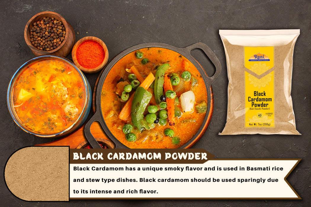 Rani Black Cardamom Powder (Kali Elachi) Indian Spice 7oz (200g) ~ All Natural | Vegan | Gluten Friendly | NON-GMO | Kosher | Indian Origin | Smokey, Tsaoko, Cao Guo, Bach Dan Khau, Badi