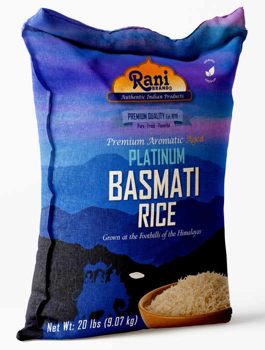 Rani Platinum White Basmati Rice Extra Long Aged 20-Pound Bag, 320oz (20lbs) 9.08kg ~ All Natural | Gluten Friendly | Vegan | Indian Origin | Kosher | Export Quality