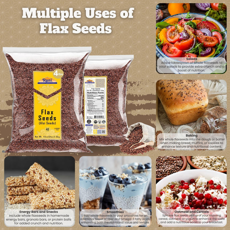 Rani Flax Seeds Whole Raw (Alsi, Linum usitatissimum) 64oz (4lbs) 1.81kg Bulk ~ All Natural | Gluten Friendly | Non-GMO | Kosher | Vegan | Indian Origin