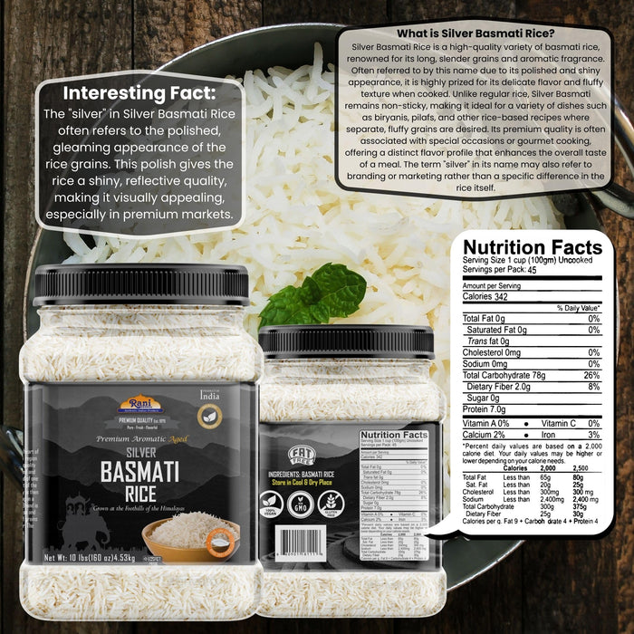 Rani Silver White Basmati Rice Extra Long Aged 160oz (10lbs) 4.53kg PET Jar ~ All Natural | Gluten Friendly | Vegan | Indian Origin | Kosher | Export Quality