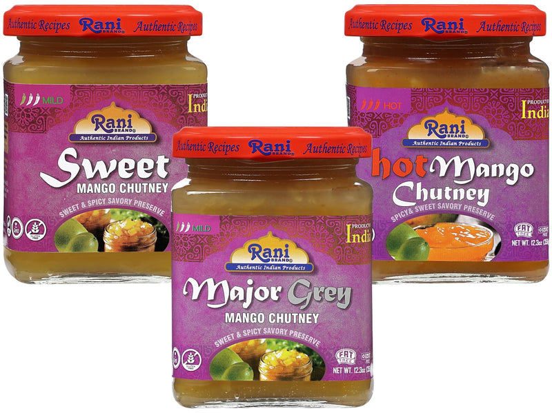 Rani 3-in-1 Mango Chutney (Hot, Sweet, Major Grey Combo Pack) 12.3oz (350g) Glass Jar, Ready to eat, Vegan ~ Gluten Free, All Natural, NON-GMO, Kosher