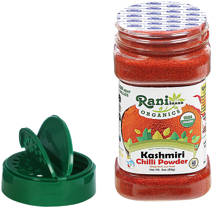 Rani Organic Kashmiri Chilli Powder (Deggi Mirch, Low Heat) 3oz (85g) PET Jar ~ All Natural | Vegan | Gluten Friendly | NON-GMO | Indian Origin | USDA Certified Organic