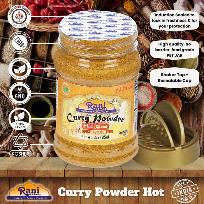 Rani Curry Powder Hot Natural 11-Spice Blend 3oz (85g) PET Jar ~ Salt Free | Vegan | Gluten Friendly | NON-GMO | Kosher | Indian Origin