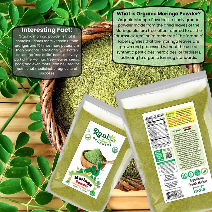 Rani Organic Moringa Powder (Drumstick Powder) 7oz (200g) ~ 100% Natural | Vegan | Gluten Friendly | NON-GMO | Kosher | No colors | Indian Origin | USDA Certified Organic