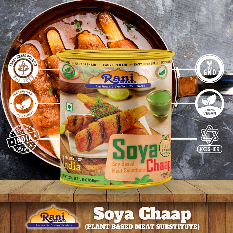 Rani Soya Chaap (Plant Based Protein) 30oz (1.875lbs) 850g, Pack of 2 ~ Easy Open Lid | All Natural | Vegan | No Colors | NON-GMO | Kosher | Indian Origin | Soy Based Meat Substitute