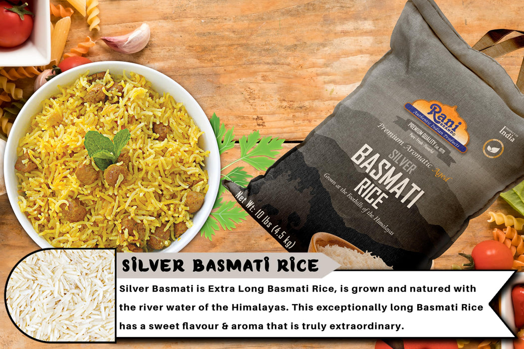 Rani Silver White Basmati Rice Extra Long Aged 10-Pound Bag, 160oz (10lbs) 4.53kg ~ All Natural | Gluten Friendly | Vegan | Indian Origin | Kosher | Export Quality