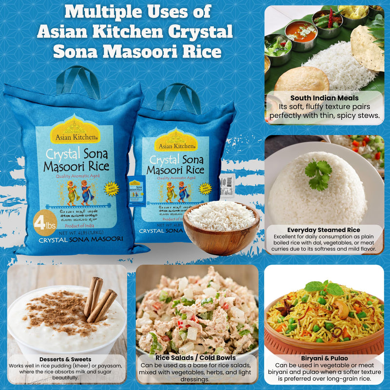 Asian Kitchen Crystal Sona Masoori Aged Rice 4lbs (1.81kg) Short Grain Rice ~ All Natural | Gluten Friendly | Vegan | Indian Origin | Export Quality