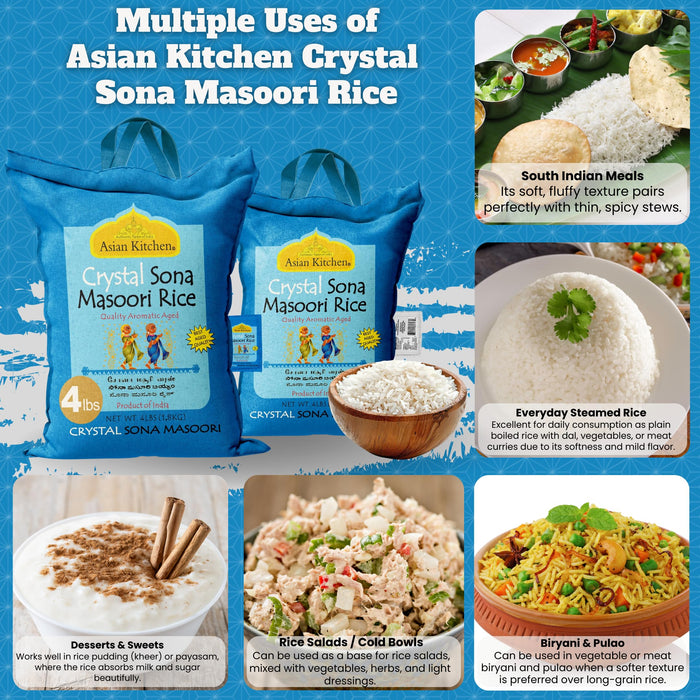 Asian Kitchen Crystal Sona Masoori Aged Rice 4lbs (1.81kg) Short Grain Rice ~ All Natural | Gluten Friendly | Vegan | Indian Origin | Export Quality