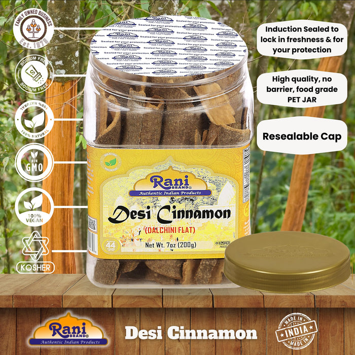 Rani Desi (Dalchini) Flat Cinnamon 7oz (200g) ~ PET Jar, Natural | Vegan | Gluten Friendly | NON-GMO | Kosher | Indian Origin