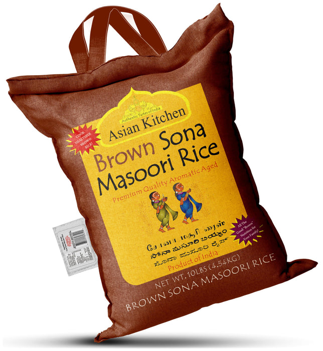 Asian Kitchen Brown Sona Masoori Aged Rice 10lbs (4.54kg) Short Grain Rice ~ All Natural | Gluten Friendly | Vegan | Kosher | Indian Origin | Export Quality