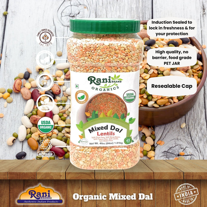 Rani Organic Mixed Dal (Chana Dal, Moong Dal, Toor Dal, Masoor Dal, Urad Dal) 64oz (4lbs) 1.81kg Bulk PET Jar ~ All Natural | Gluten Friendly | NON-GMO | Kosher | Vegan | Indian Origin | USDA Certified Organic