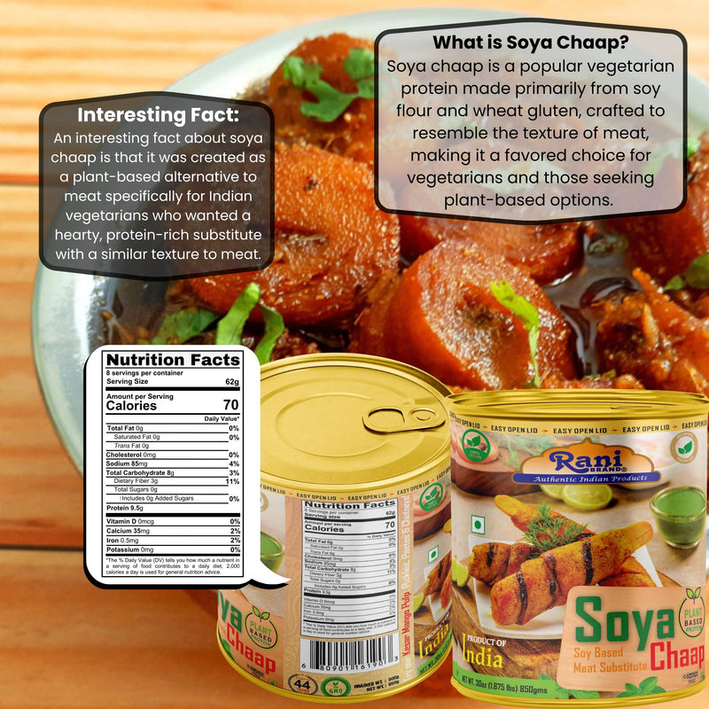Rani Soya Chaap (Plant Based Protein) 30oz (1.875lbs) 850g, Pack of 2 ~ Easy Open Lid | All Natural | Vegan | No Colors | NON-GMO | Kosher | Indian Origin | Soy Based Meat Substitute