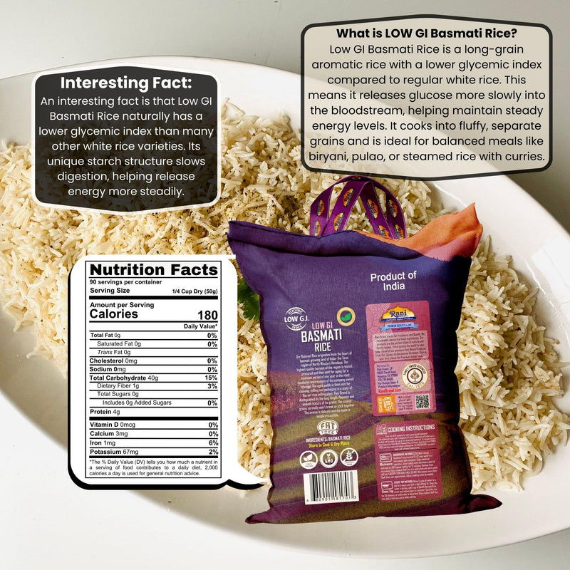 Rani White Basmati Rice Low GI (Glycemic Index) Extra Long Aged, Ideal for Diabetics, 10lbs (160oz) Pack of 4 Cloth Bag ~ All Natural | Gluten Free | Vegan | Indian Origin | Export Quality
