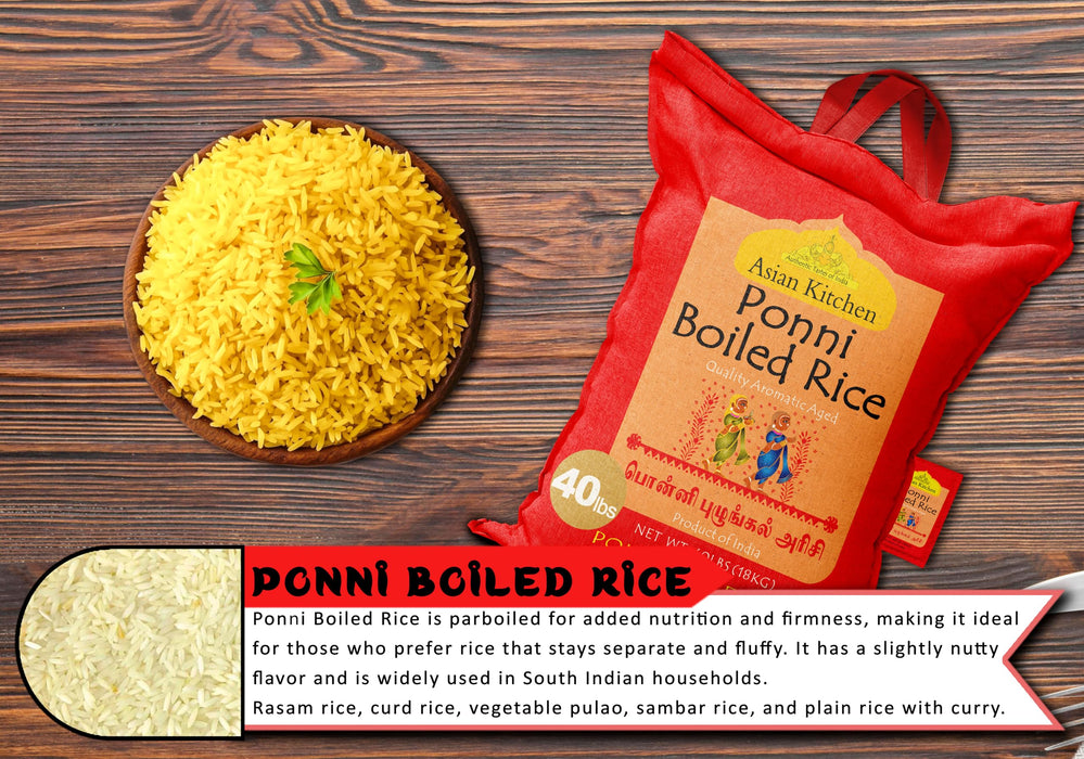 Asian Kitchen Ponni Boiled Rice 40-Pound Bag, 40lbs (18.14kg) Short Grain Rice ~ All Natural | Gluten Friendly | Vegan | Indian Origin | Export Quality