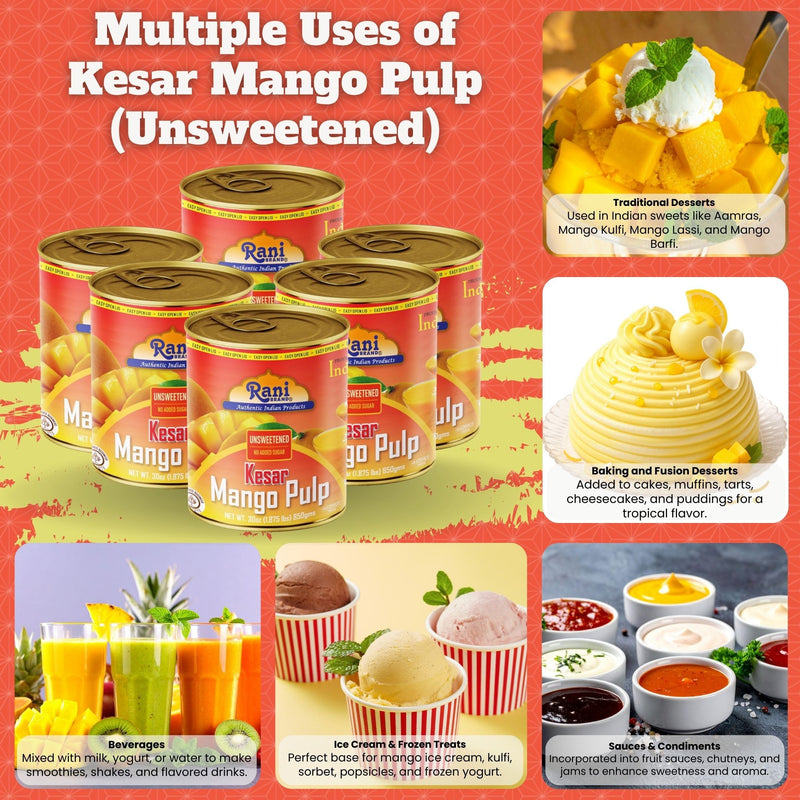 Rani Mango Pulp Puree (Makes Mango Lassi Shakes) Kesar Unsweetened 30oz (1.875lbs) 850g Pack of 6 ~ Kosher | All Natural | NON-GMO | Vegan | No colors | Gluten Friendly | Indian Origin