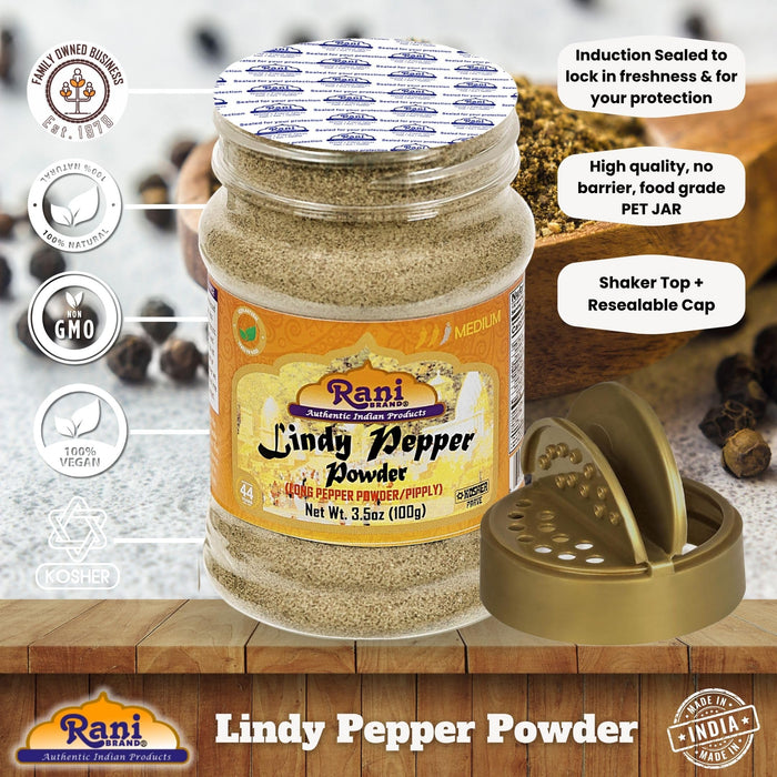 Rani Lindy Pepper Powder (Long Pepper, Piper Longum, Pipli) 3.5oz (100g) PET Jar ~ All Natural | Gluten Friendly | NON-GMO | Kosher | Vegan | Indian Origin