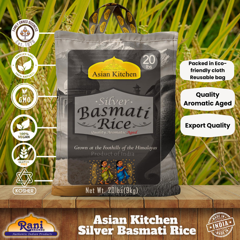 Asian Kitchen Silver White Basmati Rice Aged, 20 Pound (20lbs, 9.08kg) ~ All Natural | Gluten Friendly | Vegan | Indian Origin | Export Quality