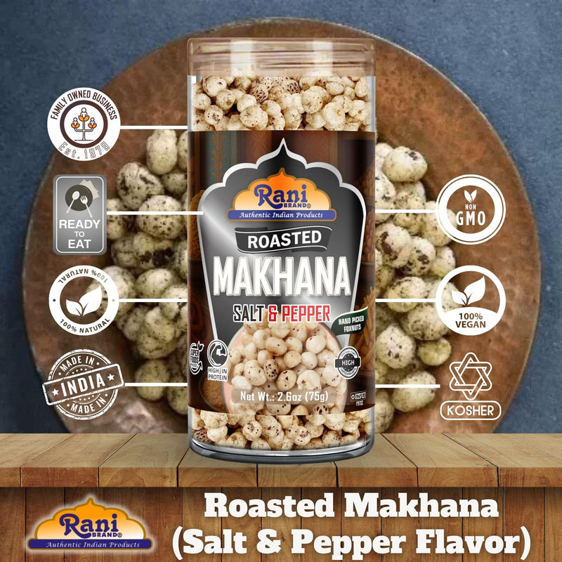 Rani Roasted Makhana (Fox Nut/Popped Lotus Seed) Salt & Pepper Flavor 2.6oz (75g) Ready to eat, Hand Picked Foxnuts ~ All Natural | Vegan | Gluten Friendly | NON-GMO | Kosher | Indian Origin