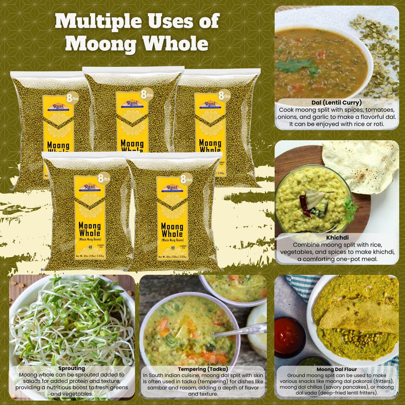 Rani Moong Whole (Ideal for cooking & sprouting, Whole Mung Beans w/ skin) Lentils Indian 128oz (8lbs) x Pack of 5 (Total 40lbs) Bulk ~ All Natural | Gluten Friendly | Non-GMO | Kosher | Vegan | Indian Origin