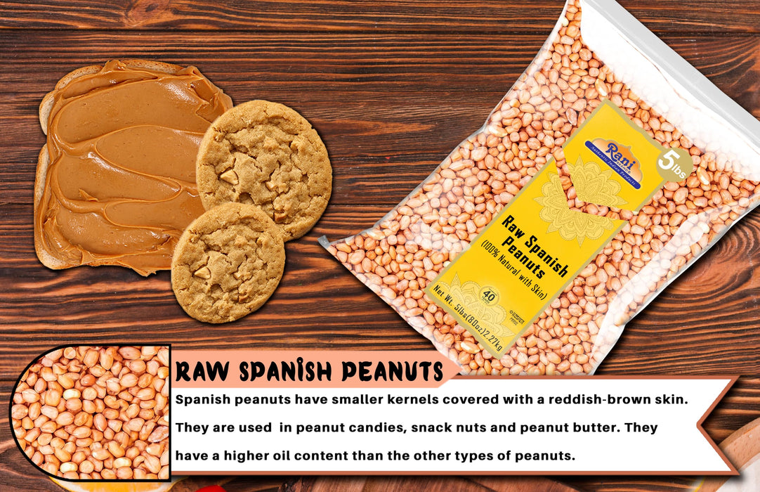 Rani Raw Spanish Peanuts 100% Natural with Skin (uncooked, unsalted) 80oz (5lbs) 2.27kg Bulk ~ Vegan | Gluten Friendly | Fresh Product of USA | Kosher | Red-brown Skin