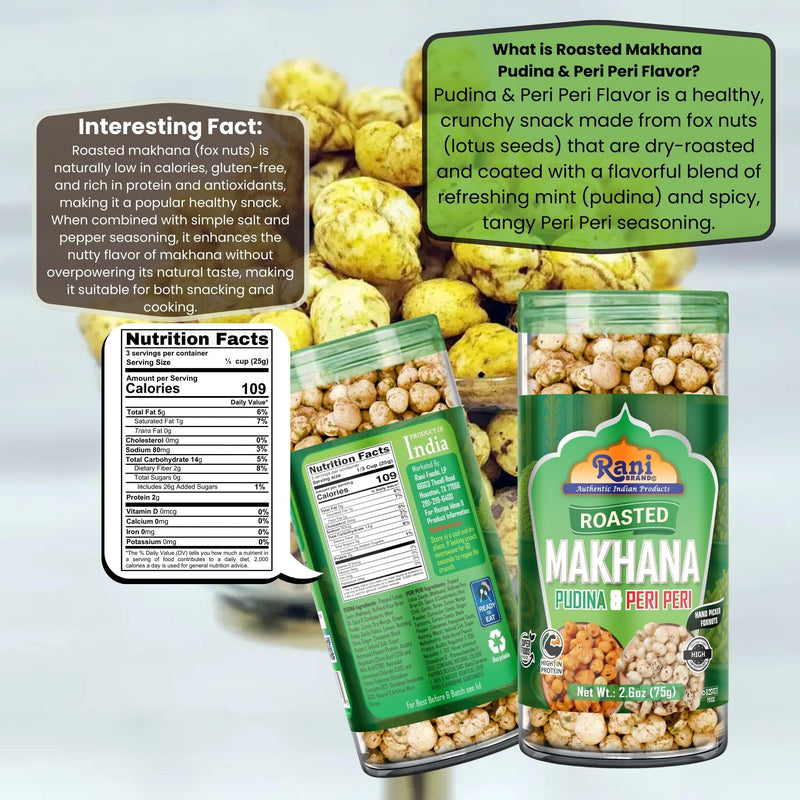 Rani Roasted Makhana (Fox Nut/Popped Lotus Seed) 2in1 Pudina & Peri Peri 2.6oz (75g) Ready to eat, Hand Picked Foxnuts ~ High in Protein | Vegan | Gluten Friendly | NON-GMO | Kosher | Indian Origin
