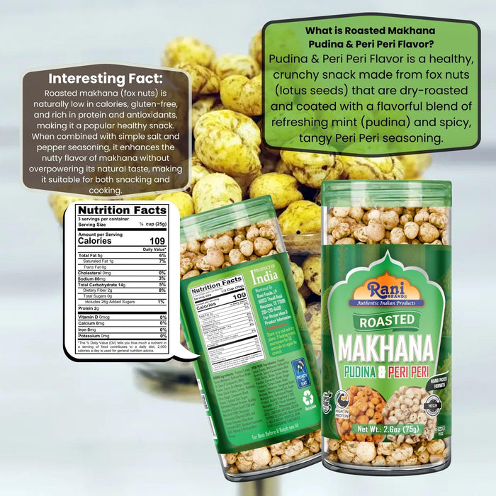 Rani Roasted Makhana (Fox Nut/Popped Lotus Seed) 2in1 Pudina & Peri Peri 2.6oz (75g) Ready to eat, Hand Picked Foxnuts ~ High in Protein | Vegan | Gluten Friendly | NON-GMO | Kosher | Indian Origin
