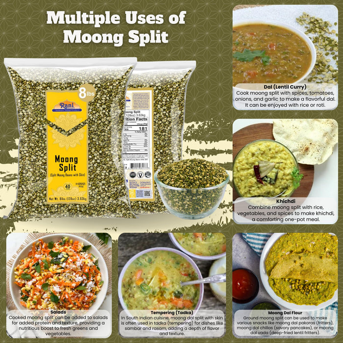 Rani Moong Split (Split Mung Beans with Skin) Lentils Indian 128oz (8lbs) 3.63kg Bulk ~ All Natural | Gluten Friendly | Non-GMO | Kosher | Vegan | Indian Origin