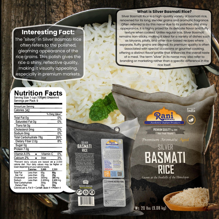 Rani Silver White Basmati Rice Extra Long Aged 20-Pound Bag, 320oz (20lbs) 9.08kg ~ All Natural | Gluten Friendly | Vegan | Indian Origin | Kosher | Export Quality