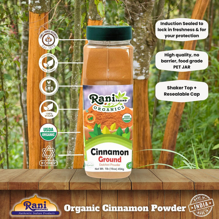 Rani Organic Cinnamon Powder (Ground) Spice 16oz (1lb) 454g PET Jar ~ All Natural | Salt-Free | Vegan | No Colors | Gluten Friendly | NON-GMO | Kosher | USDA Certified Organic