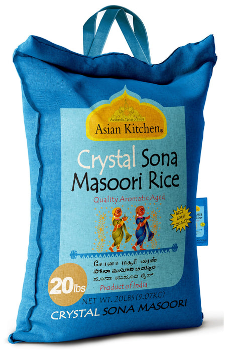 Asian Kitchen Crystal Sona Masoori Aged Rice 20lbs (9.08kg) Short Grain Rice ~ All Natural | Gluten Friendly | Vegan | Indian Origin | Export Quality