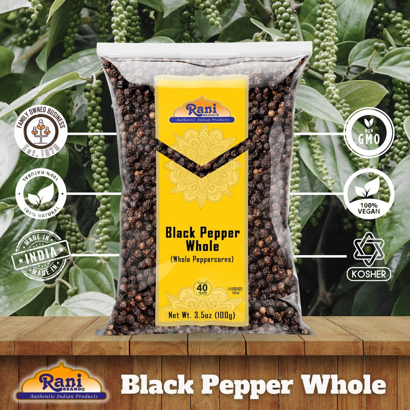 Rani Black Pepper Whole (Peppercorns), Premium Bold Tellicherry Quality 3.5oz (100g) ~ All Natural | Gluten Friendly | Non-GMO | Kosher | Product of Vietnam | Perfect size for Grinders!