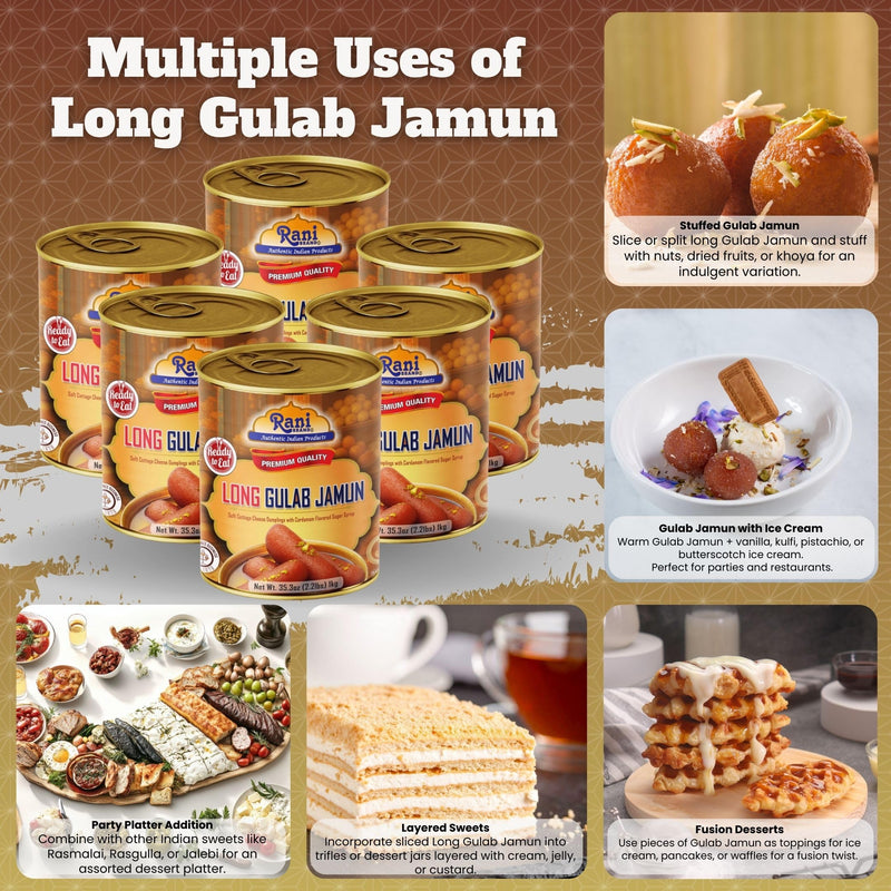 Rani Gulab Jamun Long (w/ Cardamom Flavored Sugar Syrup) 35.3oz (2.2lbs) 1kg, Pack of 6, Approximately 14 pieces, Easy Open Lid ~ Ready to eat | Vegan | Non-GMO | Kosher | Indian Origin