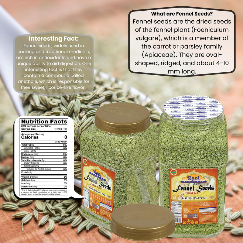 Rani Fennel (Saunf) Seeds Whole, Indian Spice 80oz (5lbs) 2.27kg Bulk PET Jar ~ All Natural | Gluten Friendly | NON-GMO | Vegan | Kosher | Indian Origin
