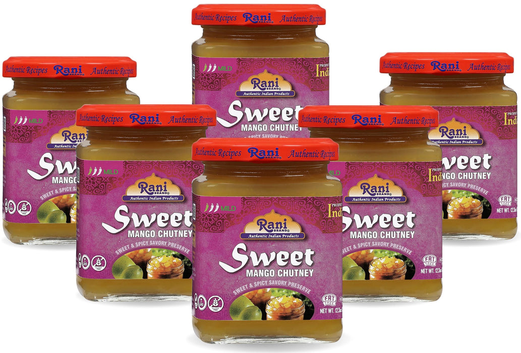 Rani Sweet Mango Chutney (Indian Preserve) 12.3oz (350g) Glass Jar, Ready to eat, Vegan, Pack of 5+1 ~ Gluten Free, All Natural, NON-GMO, Kosher