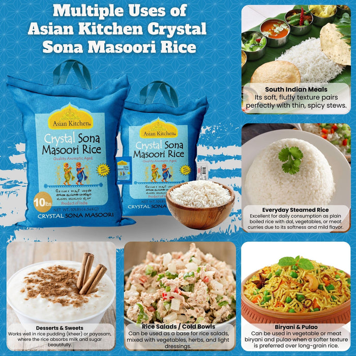 Asian Kitchen Crystal Sona Masoori Aged Rice 10lbs (4.54kg) Short Grain Rice ~ All Natural | Gluten Friendly | Vegan | Kosher | Indian Origin | Export Quality