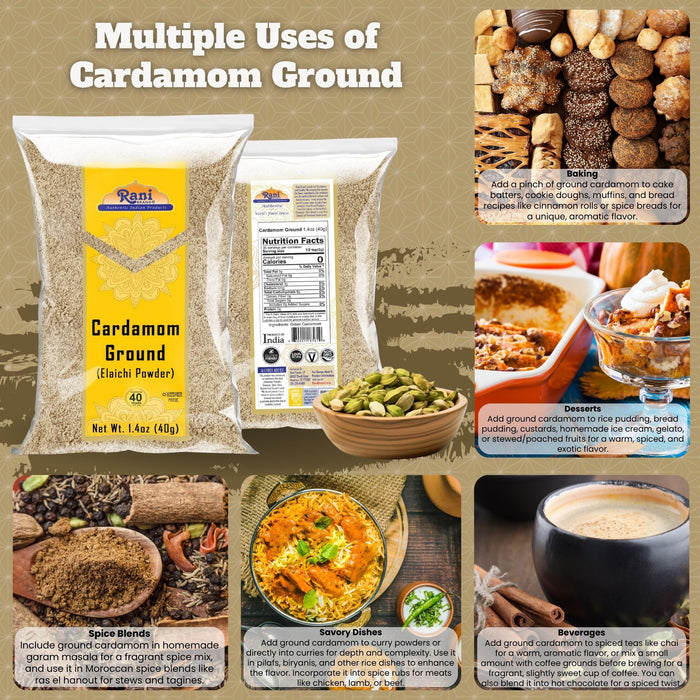 Rani Cardamom (Elachi) Ground, Powder Indian Spice 1.4oz (40g) ~ All Natural | No Color added | Gluten Friendly | Vegan | NON-GMO | Kosher | No Salt or fillers