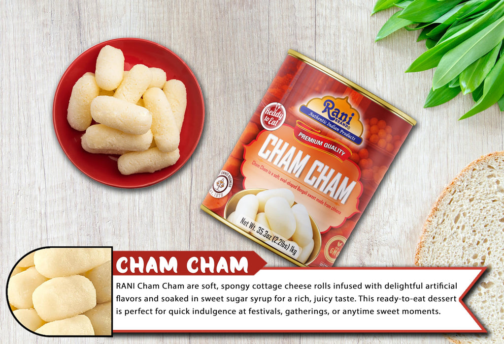 Rani Cham Cham (Oval-shaped Bengali Sweet) 35.3oz (2.2lbs) 1kg, Approximately 14 pieces, Easy Open Lid ~ Ready to eat | Gluten Free | Non-GMO | Kosher | Indian Origin