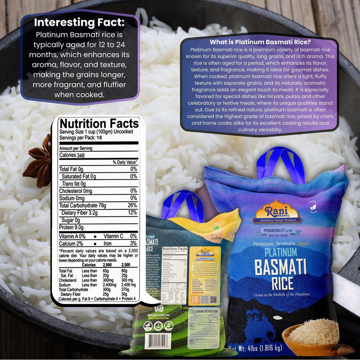 Rani Platinum White Basmati Rice Extra Long Aged 4-Pound Bag, 4lbs (64oz) 1.81kg ~ All Natural | Gluten Friendly | Kosher | Vegan | Indian Origin | Export Quality