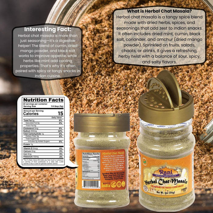 Rani Herbal Chat Masala (Seasoning for Fruits & Vegetable) Tangy Indian Seasoning 4oz (113g) PET Jar ~ All Natural | No MSG | Vegan | No Colors | Gluten Friendly | NON-GMO | Kosher | Indian Origin