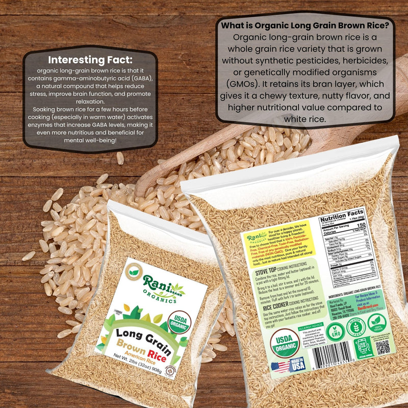 Rani Organic Long Grain Brown Rice 32oz (2lbs) 908g ~ All Natural | Gluten Friendly | Vegan | Non-GMO | Kosher | Product of USA | USDA Certified Organic