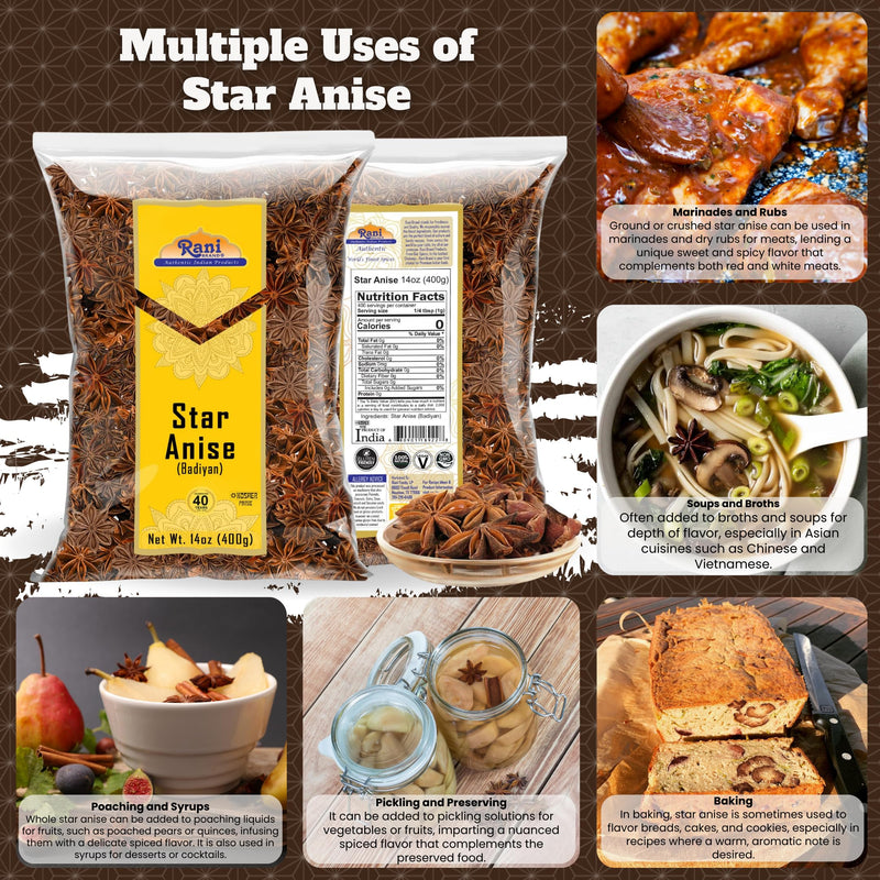 Rani Star Anise Seeds, Whole Pods (Badian Khatai) Spice 14oz (400g) ~ All Natural | Gluten Friendly | Kosher | Vegan | Whole Chinese Anise Star Sun Dried Spice, Anis Estrella / Illicium Verum, Widely Used for Baking, Drinks, Cooking, and Tea