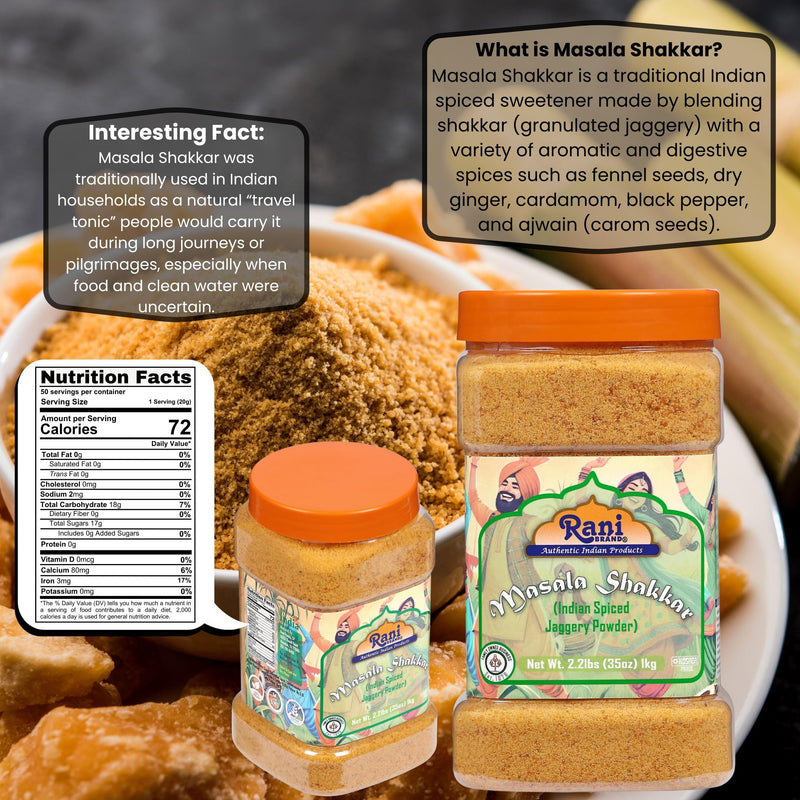 Rani Masala Shakkar (Indian Spiced Jaggery Powder) Unrefined Raw Cane Sugar 35oz (2.2lbs) 1kg PET Jar ~ Gluten Friendly | Vegan | NON-GMO | Kosher | No Salt or fillers | Indian Product