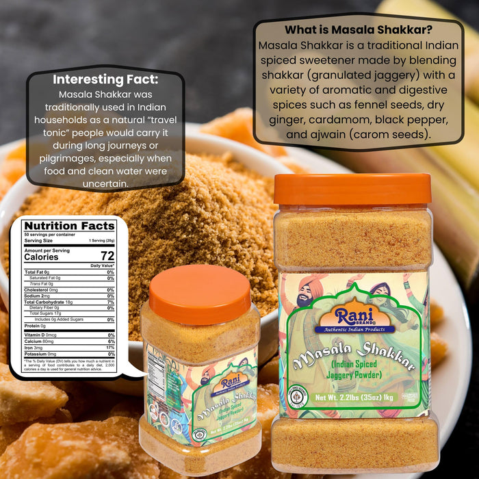 Rani Masala Shakkar (Indian Spiced Jaggery Powder) Unrefined Raw Cane Sugar 35oz (2.2lbs) 1kg PET Jar ~ Gluten Friendly | Vegan | NON-GMO | Kosher | No Salt or fillers | Indian Product